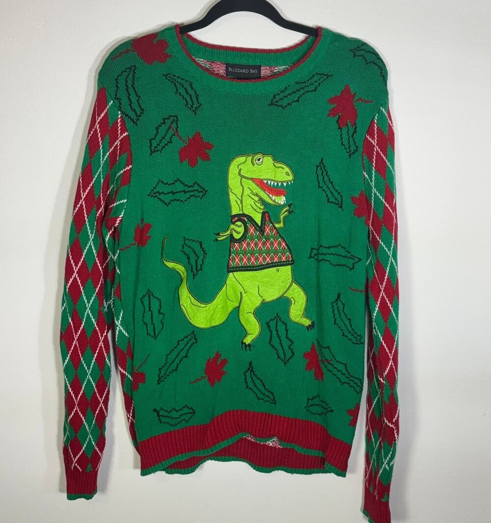 Blizzard Bay T-Rex Ugly Christmas Sweater Green Argyle Dinosaur Men's Medium
